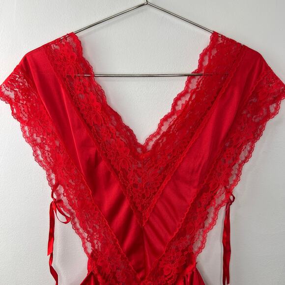 Vintage Teddy Bodysuit Red Cut Out Sides Lace Floral Drawstring Deep V-Neck O/S - Picture 2 of 4